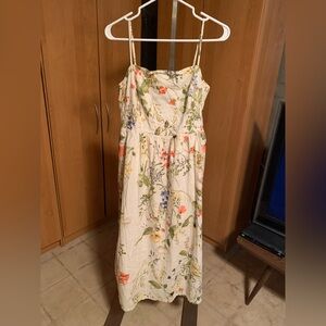 H&M Floral Linen Midi Dress with Spaghetti Straps